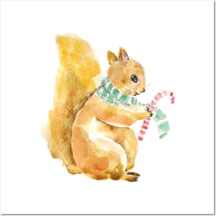 Squirrel with candy stick Christmas watercolor Posters and Art